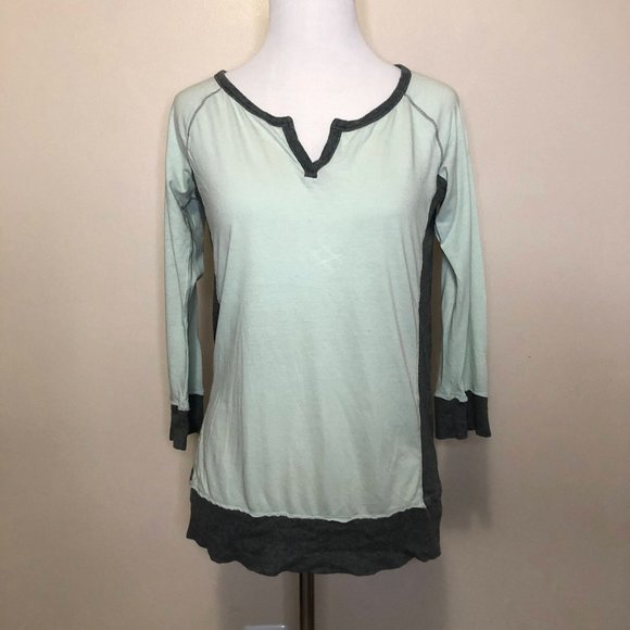 Vintage Express 3/4 Sleeve Light Green & Grey Top (M) - Picture 1 of 4